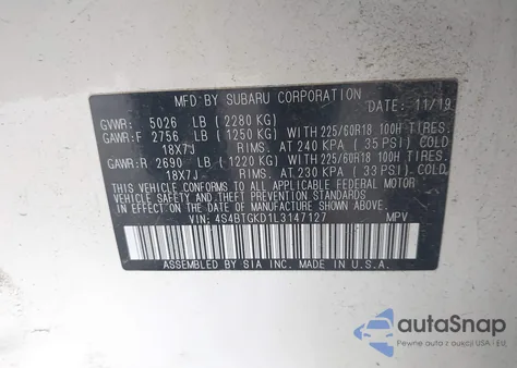 2020 Subaru Outback Onyx Edition Xt from USA, damaged, VIN 4S4BTGKD1L3147127